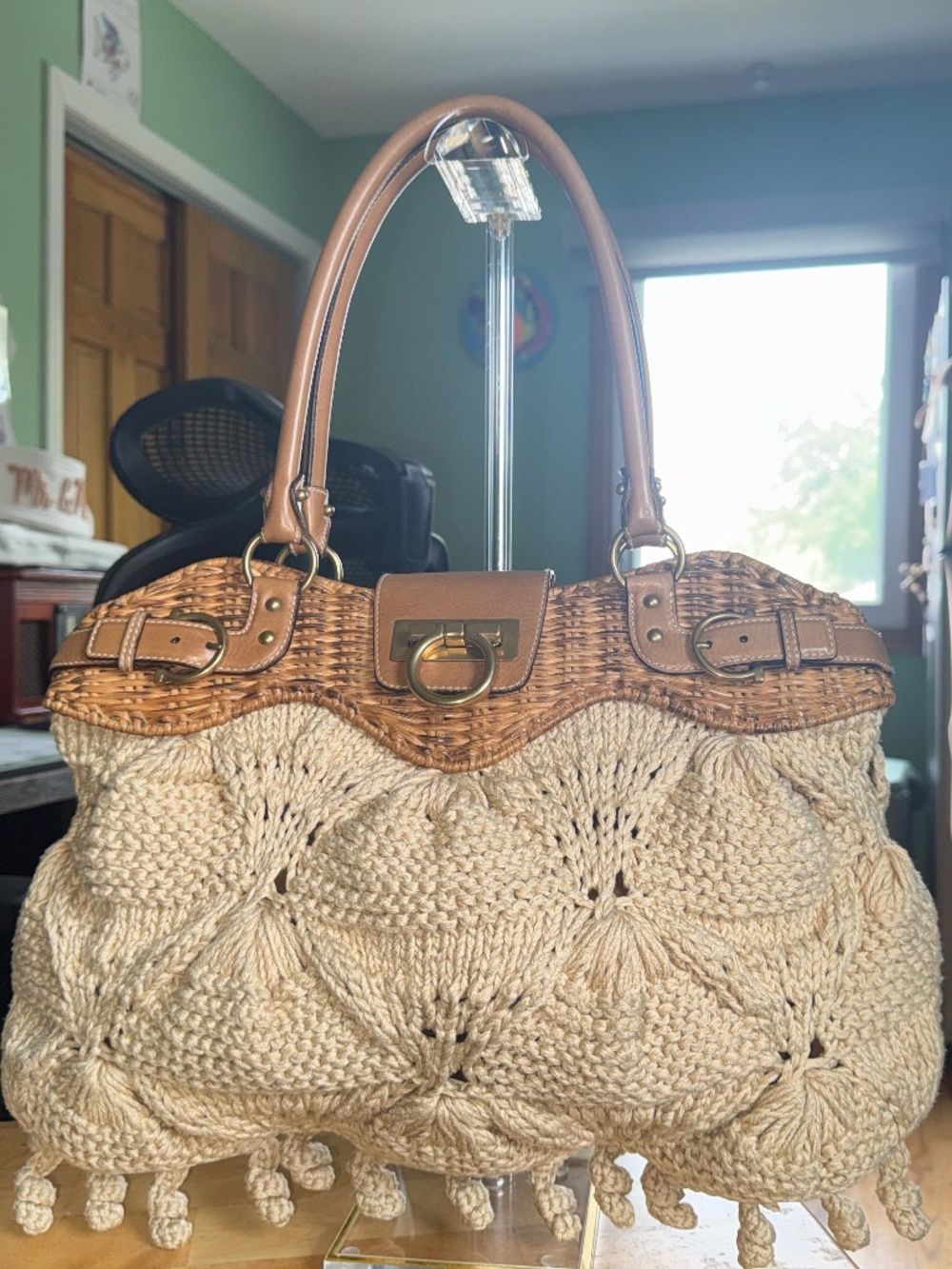 Salvatore Ferragamo Gancini straw shoulder bag